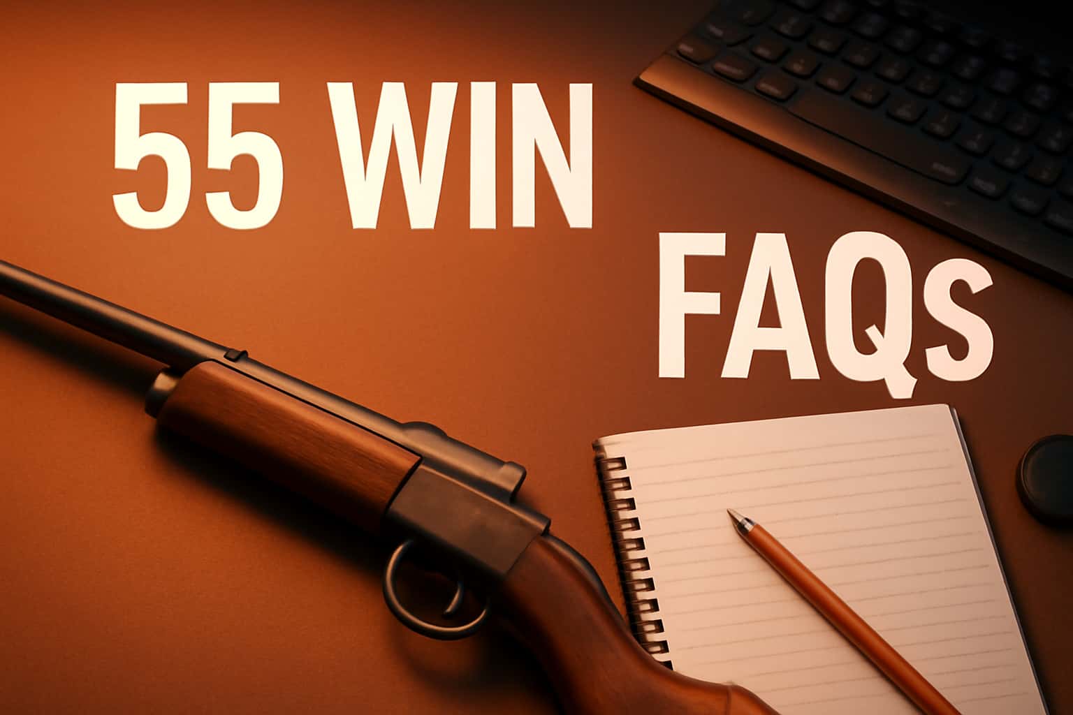A high-tech scene illustrating the 55 Win FAQs with the title clearly displayed.