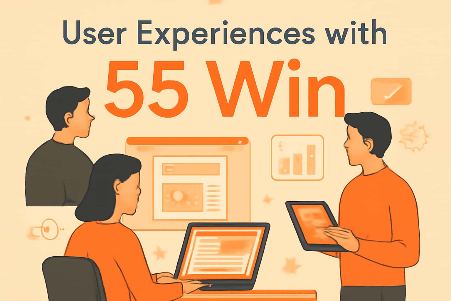 An informational scene showcasing user experiences with 55 Win.
