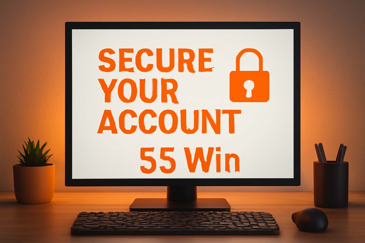 An informative display of securing a 55 Win account with visual elements highlighting security features.