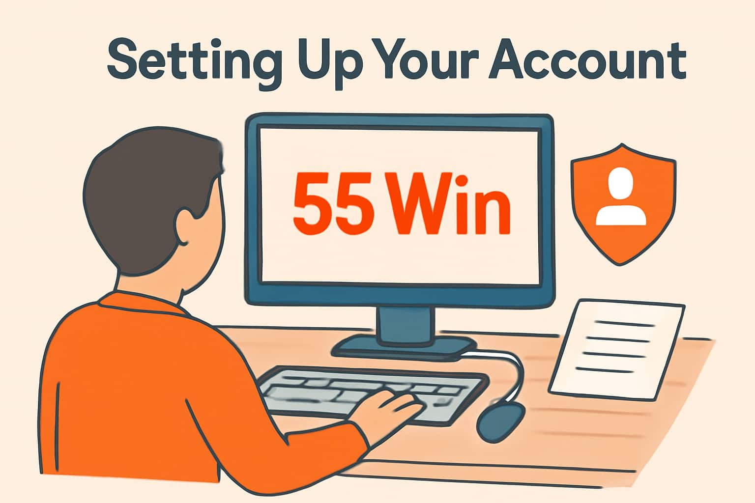 An overview of setting up a 55 Win account in a modern, tech-inspired design.