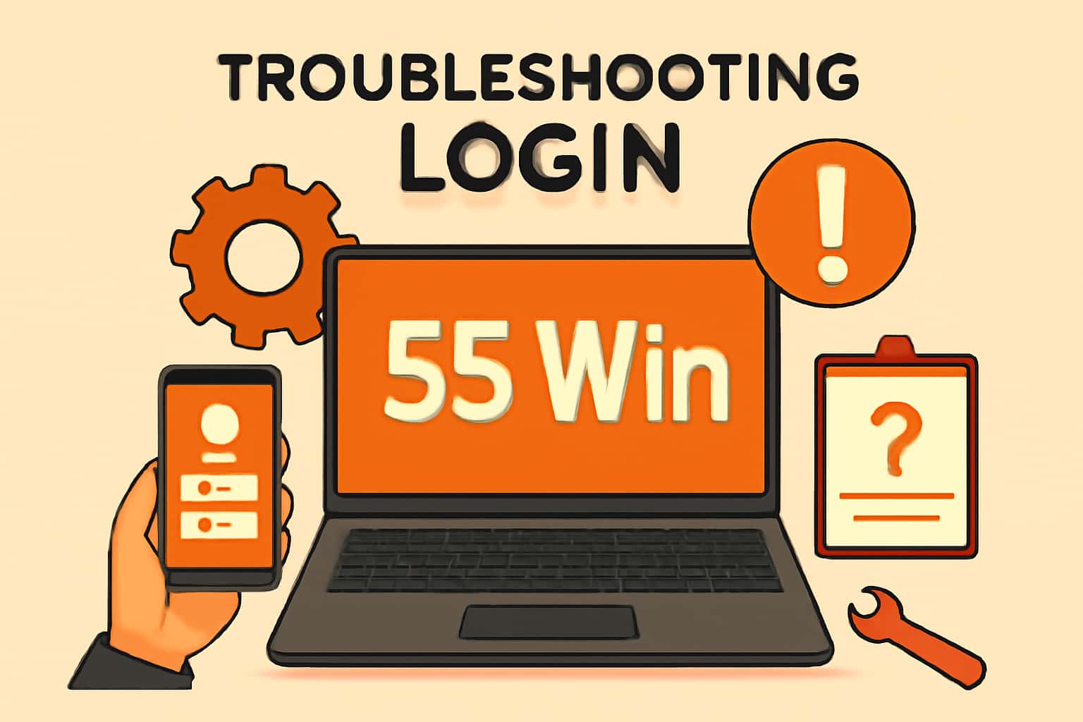 A visual representation of troubleshooting login issues for the 55 Win application.