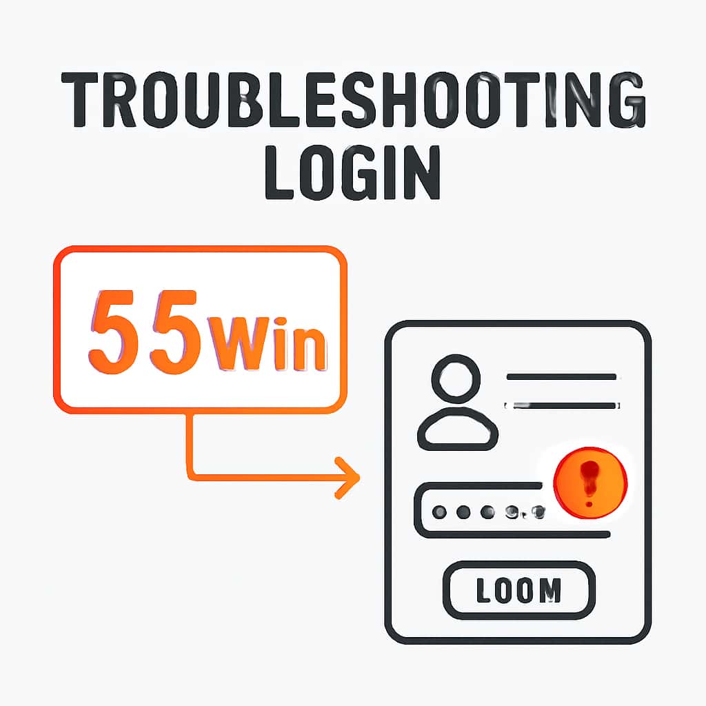 An educational diagram outlining troubleshooting steps for 55 Win login issues.